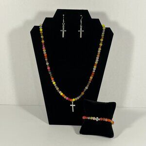 Jewelry Set (Necklace, Bracelet, and Earrings) Silver Cross Yellow/Org Beads NWT